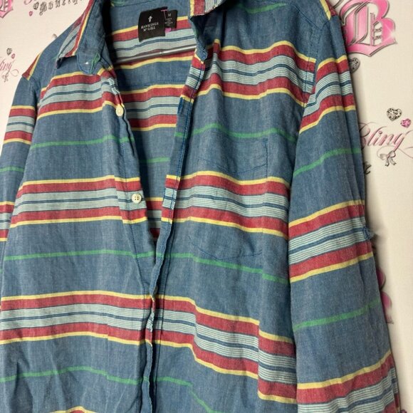 Hawkings McGill collared shirt button down long sleeve blue yellow red stripe - Picture 5 of 9